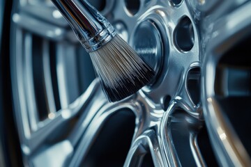 Detailing brush carefully cleans intricate grooves on a polished wheel rim during automotive maintenance Generative AI