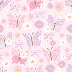 Pink and Purple Butterfly with Daisy Flower, Spring Seamless Pattern