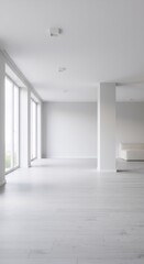 Fototapeta premium Minimalist white interior with large windows and natural light. Empty modern apartment or office space. Clean architectural design for real estate or interior decoration concept