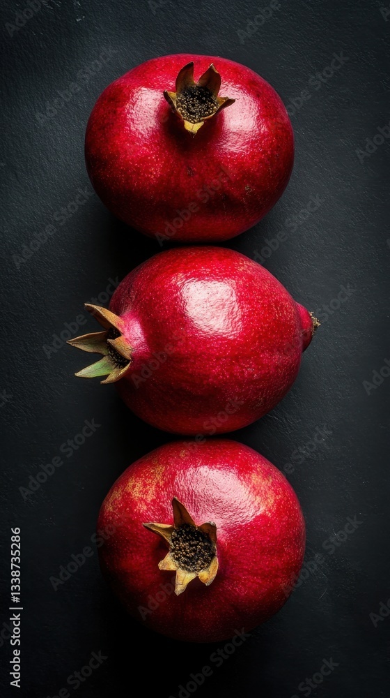 Poster three vibrant pomegranates arranged vertically on a dark background showcasing rich red colors and t