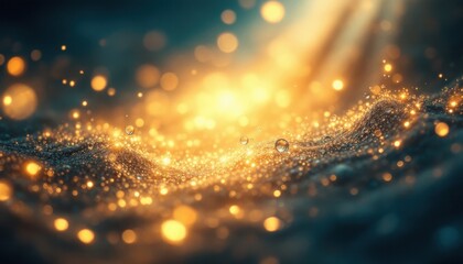 Golden sparkling abstract bokeh waves with glowing light and bubbles