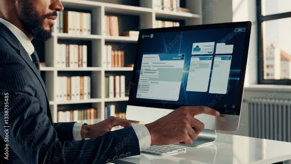 Poster professional male in business attire working on a computer in modern office environment with data vi