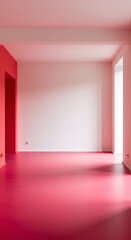 Empty pink room interior with white brick wall and bright red floor. Minimalist design concept for modern home, office, or studio space. Architectural background with copy space.