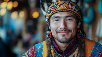 Obraz premium Portrait of a Smiling Man in Traditional Garb: A cultural portrait showcasing heritage through detailed clothing and a warm expression.