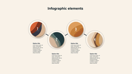 Business process chart infographics with 4 step circles. Round workflow graphic elements. Company flowchart presentation slide. Vector info graphic in flat design
