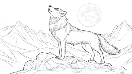 Wolf howling at moon, mountain backdrop, line art, coloring page