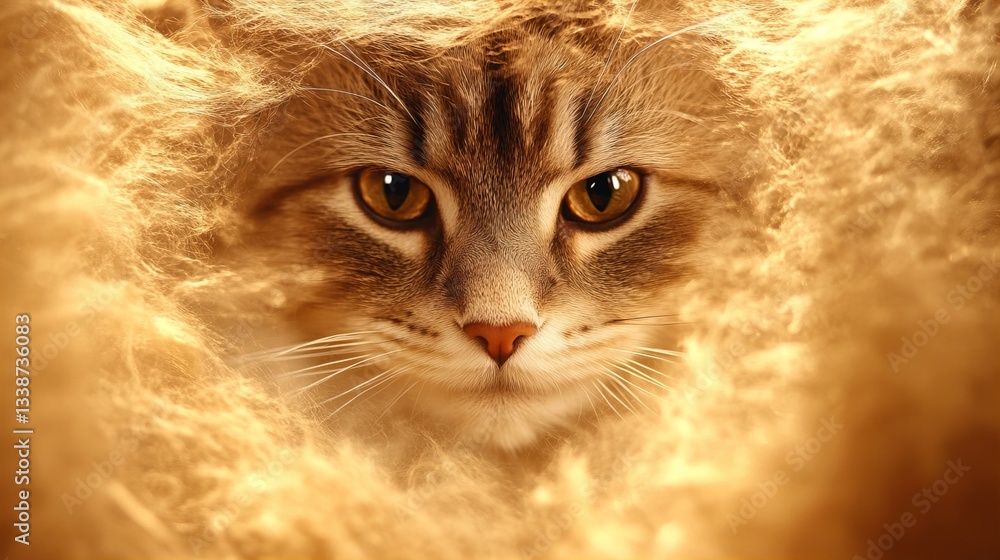 Poster a tabby cat stares directly at the camera with its amber eyes, surrounded by soft, fluffy material c