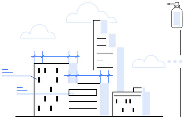 Modern buildings under construction with scaffolding, clouds, and subtle abstract details. Ideal for architecture, urban planning, construction, technology, innovation, progress and infrastructure
