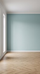 Empty room interior with light blue wall and herringbone wooden floor. Minimalist home design concept with window. Real estate, renovation, and modern living space.