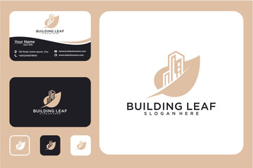 Beige And White Business Card Design With Building Leaf Logo