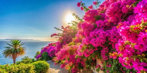 Obraz premium Vibrant Bougainvillea Blooms: Mediterranean Coastal Garden Photography