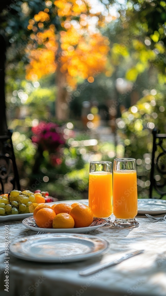 Aufkleber refreshing orange juice on a table in a garden setting with natural light and bokeh background creat