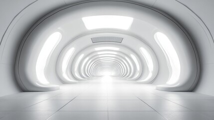 Obraz premium Futuristic luminous tunnel with smooth white walls and tiled floor leading to bright light source perspective
