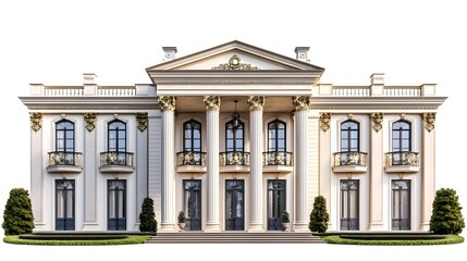 Fototapeta premium Elegant Neoclassical Mansion with Intricate Columns and Gold Detailing on White Background