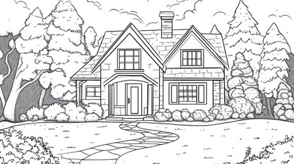Obraz premium Black and white illustration of a quaint house in a garden. Possible use for coloring books or educational materials