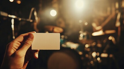 Hand holding blank card in dark music venue with drums and lights in background