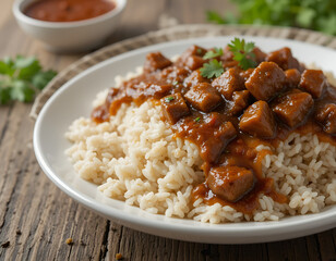 Tender Beef Chunks with Rendang Sauce Over Rice – High-Quality Food Image