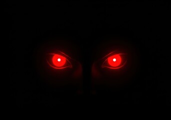 Glowing red eyes, dark background, menacing gaze, evil presence, minimalist design, intense contrast, horror aesthetic, futuristic villain, neon red