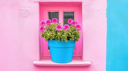 Naklejka premium Pink Wall with Blue Pot, Pink Flowers, and Window Box.