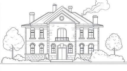 Obraz premium Elegant stone house drawing, tranquil landscape, coloring book, educational resource