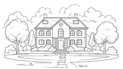 Sketch of a grand house in a lush garden. Possible use coloring book or educational material