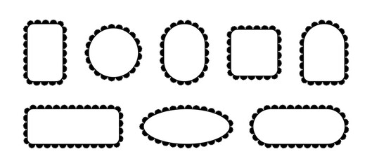 Borders of frames with scallops. Lace patterns in square, rectangle and circle shapes. Vector set with ornaments of different geometric shapes isolated on white background.