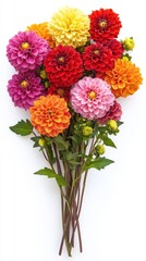 Obraz premium Vibrant dahlia bouquet on white backdrop showcasing a spectrum of colors in a bright and cheerful arrangement perfect for floral designs and spring themes
