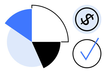 Pie chart in blue, white, and black with dollar symbol and checkmark icons. Ideal for finance, productivity, business analytics, progress tracking, success, data visualization flat simple metaphor