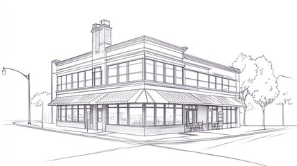 Architectural drawing of a corner building, sketch style, urban setting, possible for use in real estate or design portfolios