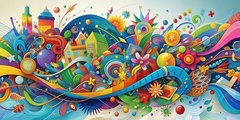 Vibrant Abstract Double Exposure: Playful Colorful Shapes & Lines
