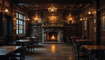 Cozy rustic pub interior with fireplace and classic wooden decor