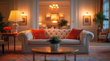 Elegant Living Room with Soft Lighting and Velvet Furniture. Generative AI