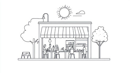 Naklejka premium Outdoor cafe scene, people eating, simple line drawing