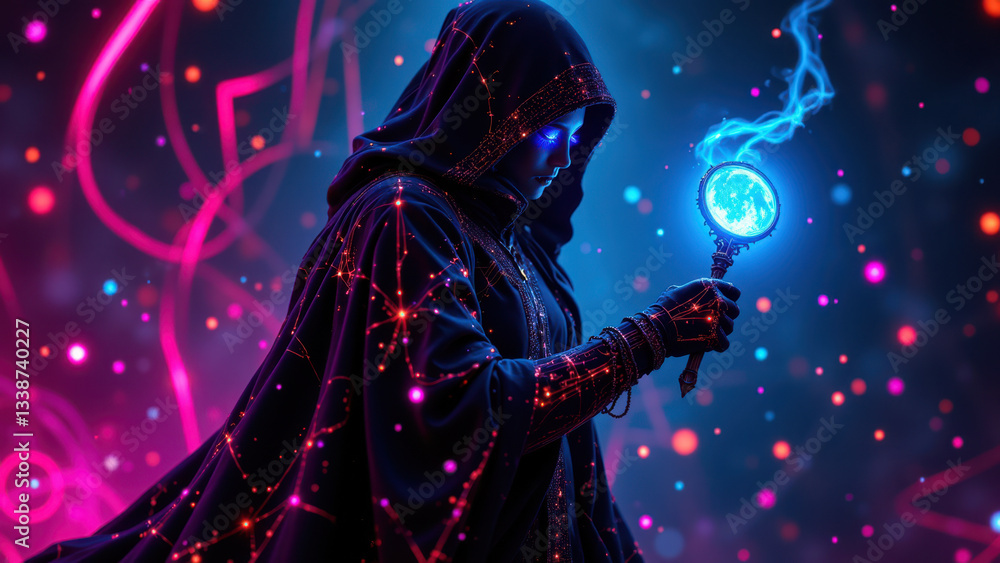 Poster cybersecurity wizard with a magical staff, casting spells to protect data. a mystical fusion of cybe