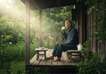 Serene Morning Retreat: An Elderly Man Enjoying Tea on a Rustic Porch in Peaceful Surroundings.