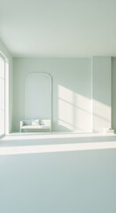 Fototapeta premium Minimalist interior design with sunlight. Empty room with mint green walls and white bed. Clean, airy space for relaxation. Modern home decor concept with copy space