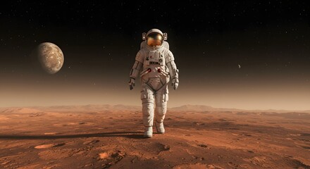 Obraz premium Cosmic Explorer: An astronaut's solitary trek across the red terrain of Mars, under a starry sky, symbolizing human exploration, and the spirit of adventure.