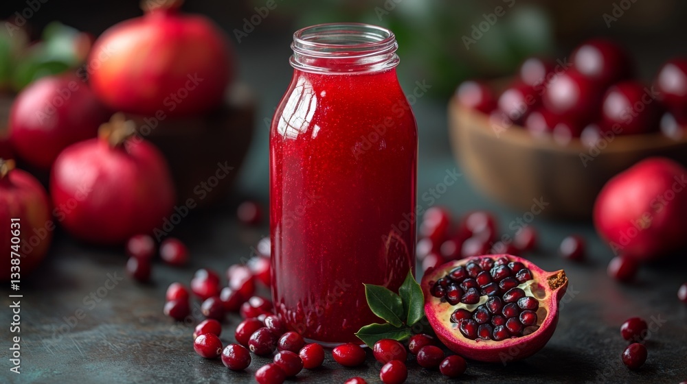 Poster Freshly pressed pomegranate juice is served in a clear glass bottle, surrounded by ripe pomegranates and cranberries creating a vibrant display on a dark surface.