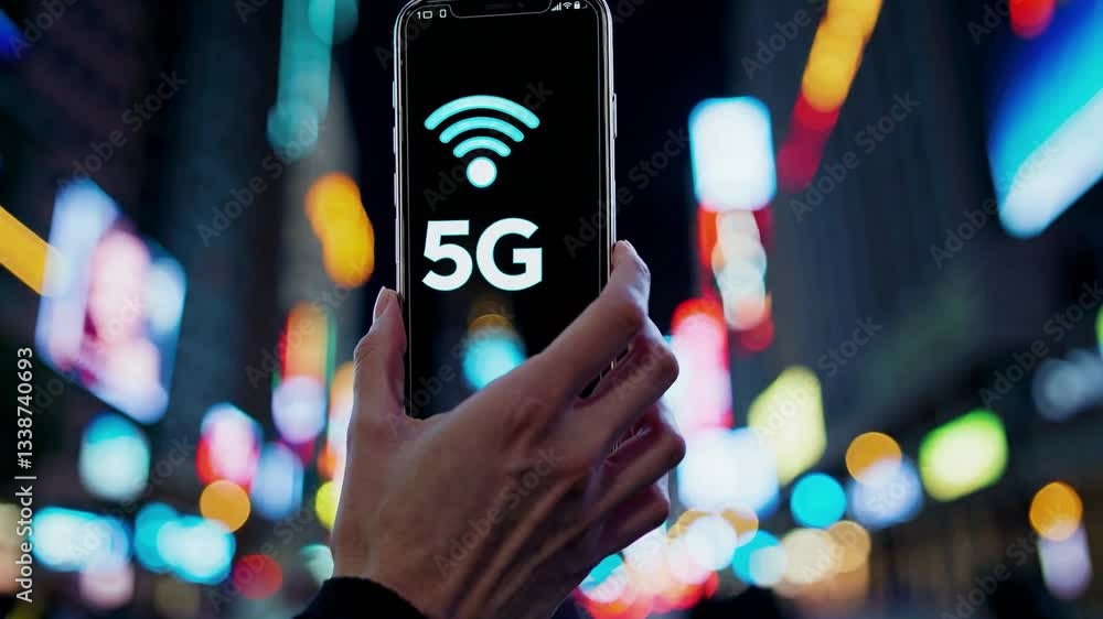 Poster a close-up of a hand holding a smartphone displaying a 5g signal icon overlaid with digital graphics