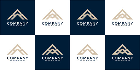 Beige Geometric Mountain Logo on Navy and White Background