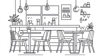 Modern cafe interior line drawing