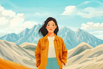 East Asian Woman in Nature, standing confidently in front of towering mountains, with a sunny day accentuating the view.
