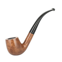 A classic smoking pipe with a curved design, featuring a polished wooden bowl and a sleek black stem, Transparent background.