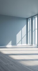 Obraz premium Empty room interior with sunlight and shadows. Minimalist white space with large windows. Modern architecture design for office, apartment or studio. Clean and bright concept.