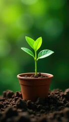 Tiny seedling sprouting from a small pot in isolation, plant life, greenery, tiny