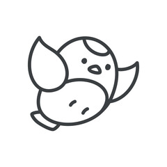 Cute bird icon. Hand drawn monochrome illustration of a flying bird isolated on a white background. Kawaii spring emoji. Vector 10 EPS.