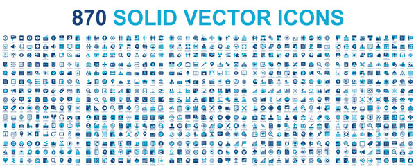 Mega set of vector solid icons. Contains such icon collection as marketing, business process, commerce, learning, shopping, industry, customer service, branding, analytics. Duotone pictogram pack.