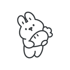 Cute bunny icon. Hand drawn monochrome illustration of a little rabbit holding a big carrot isolated on a white background. Kawaii spring sticker. Vector 10 EPS.
