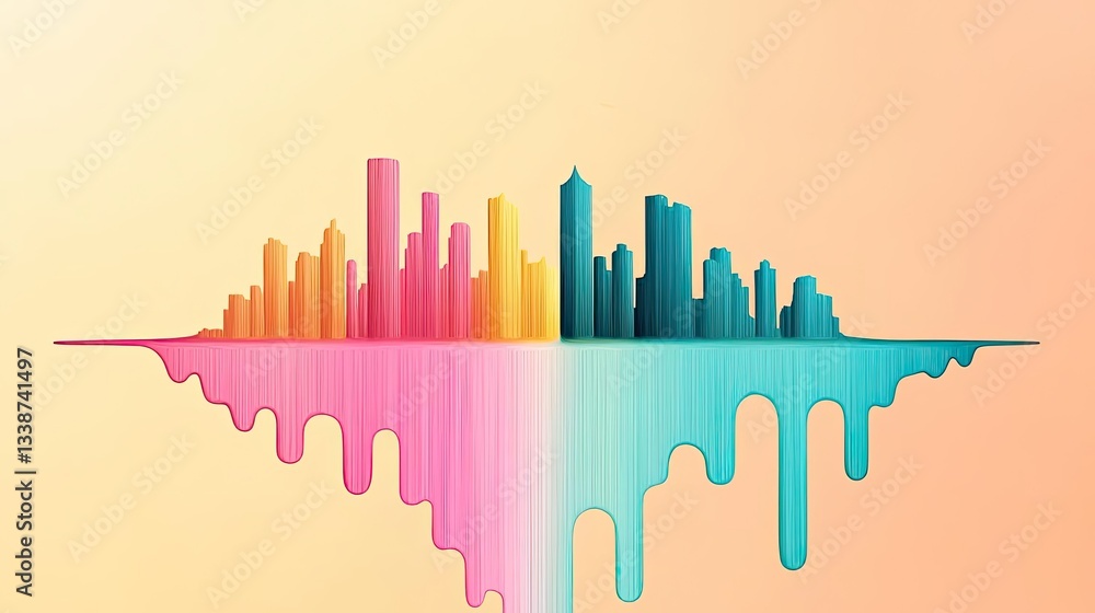 Poster surrealist art abstract background concept. abstract city skyline blending vibrant colors with wave 