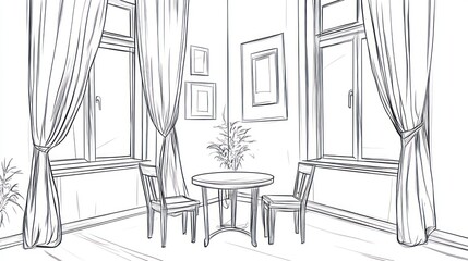 Interior sketch of a cozy corner room with windows and furniture.  Possible use for architectural designs or interior mockups